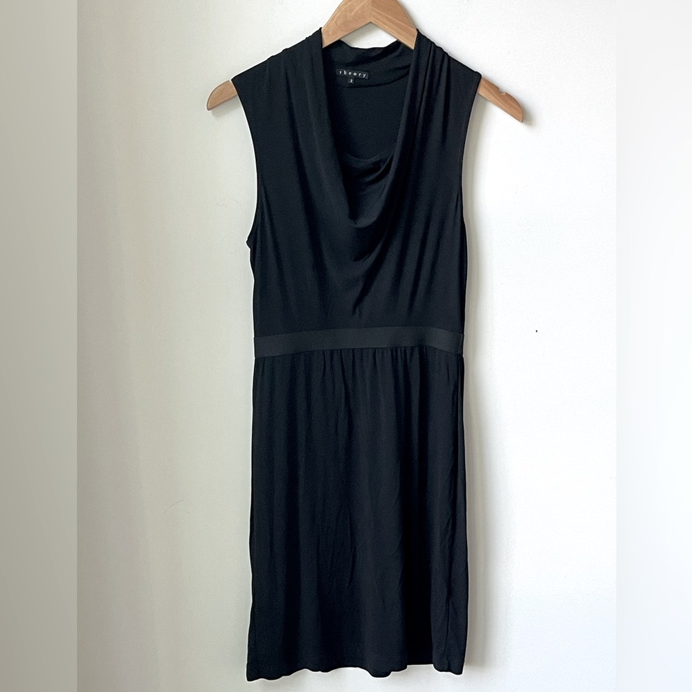 Theory Cascade Cowl Neck Dress in Black LBD Office Work Holiday Comfy Siixe 2